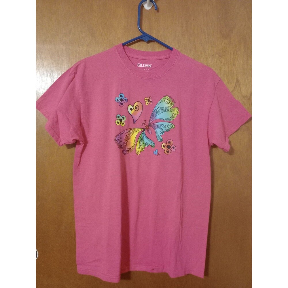 Women's Hot Pink T-Shirt Sz M With Colorful Butterfly Graphics Gildan Handmade
